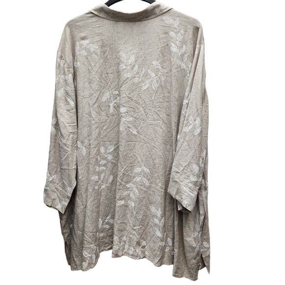 Susan Graver Linen Blend Shirt Womens 5X Tan White Leaf Button Up 3/4 Sleeves - Picture 3 of 10